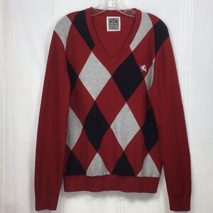 🎴 Express Cotton Knit Dark Red, Gray, and Black Argyle V-Neck